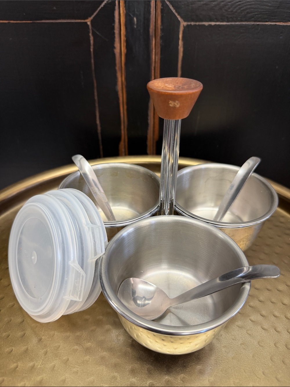 Vintage Stainless Steel Triple Snack Server with Teak Wooden Handle
